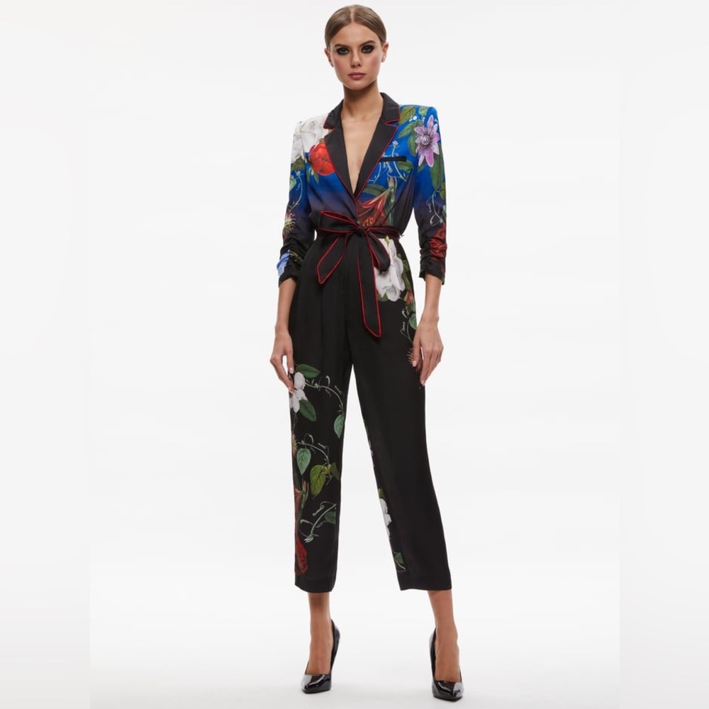 Alice + Olivia Floral Jumpsuit in Black and Blue